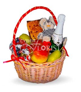 gift basket with champagne toy and fruits. Auckland